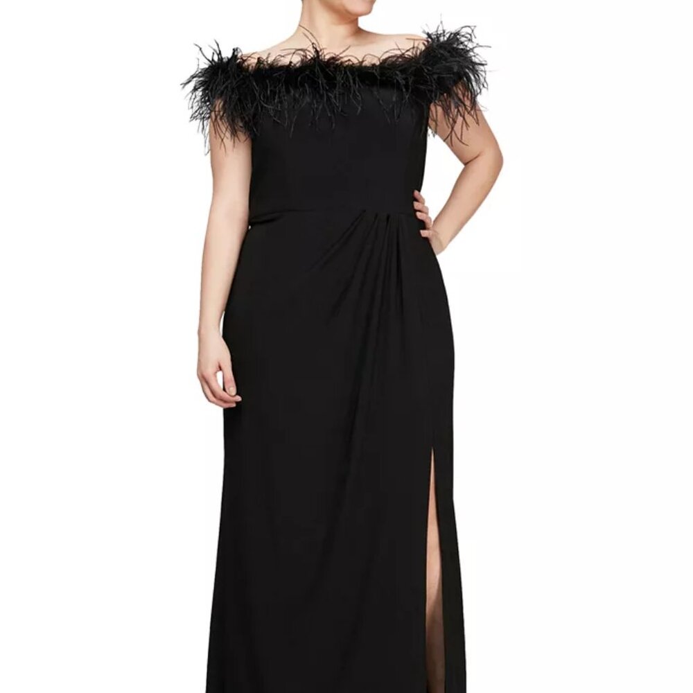 NEW ALEX EVENINGS  Long Off-the-Shoulder Gown with Maribou Detail Neckline